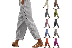 SDOHIG Casual Pants for Women Summer Linen Pants Comfy Relaxed Fit Straight Leg Pant Trendy Stripe Beach Trouser with Pockets