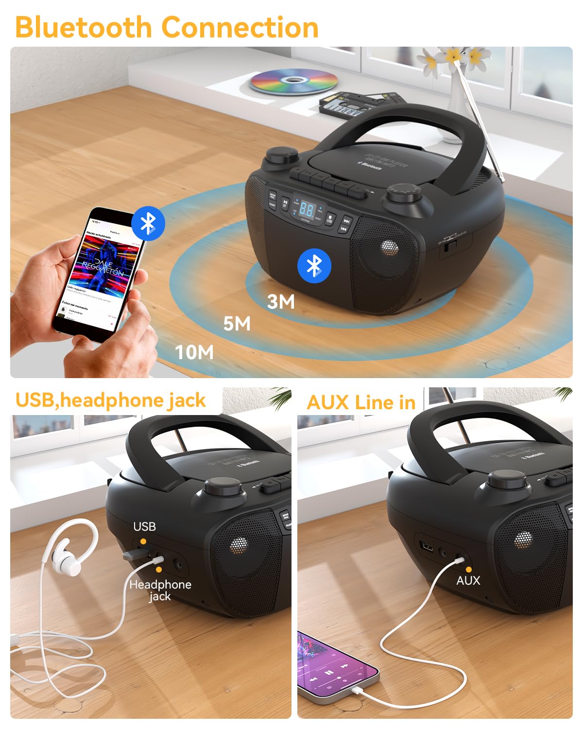 MONODEAL Cassette Tape Player with Bluetooth, Boom Box CD Player AM FM Radio, Multi-Functional CD and Cassette Player Combo,Tape Recording,USB/AUX,AC/DC Power,Headphone Jack for Gift