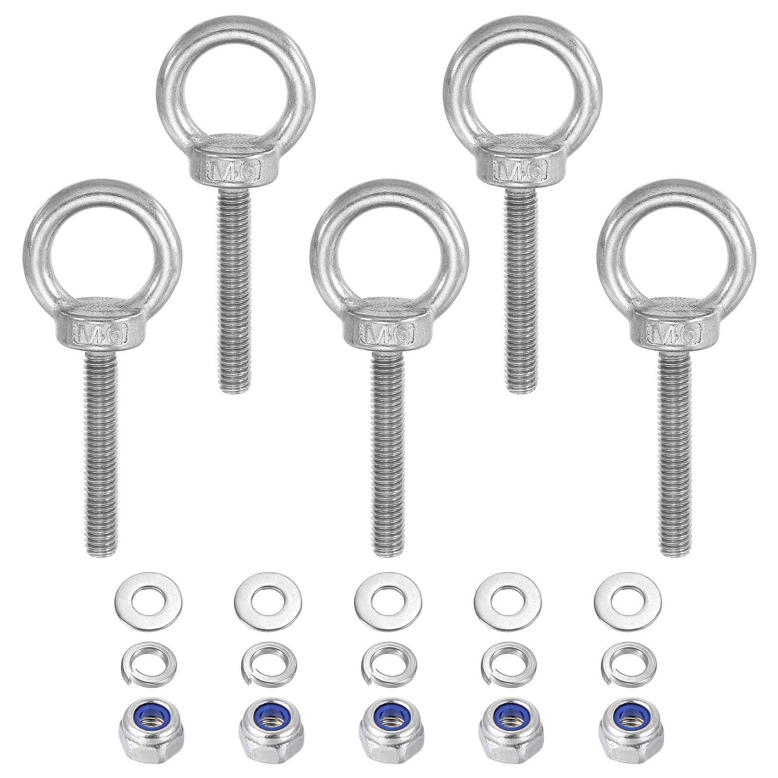 PATIKIL M6 x 40mm Lifting Shoulder Eye Bolt, 5Pcs 304 Stainless Steel Lifting Ring Threaded Eyebolt with Nuts Washers for Hanging Hammocks Articles