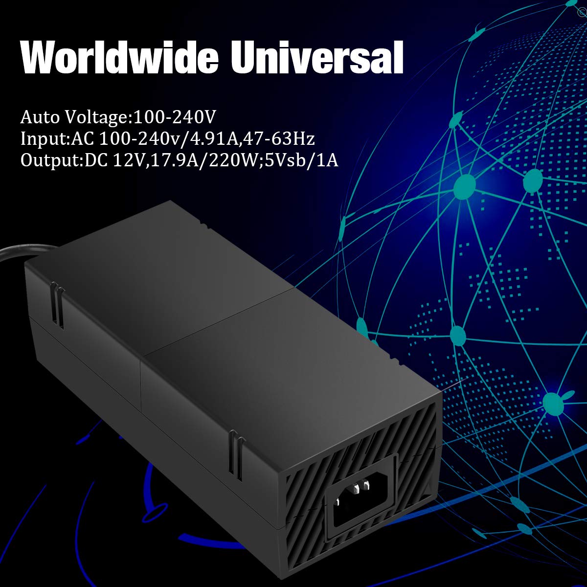 Xbox One Power Supply Brick With Power Cord，Enhance Version AC Adapter Power Supply Charge For Xbox One Console, 100-240V Auto Voltage,Black