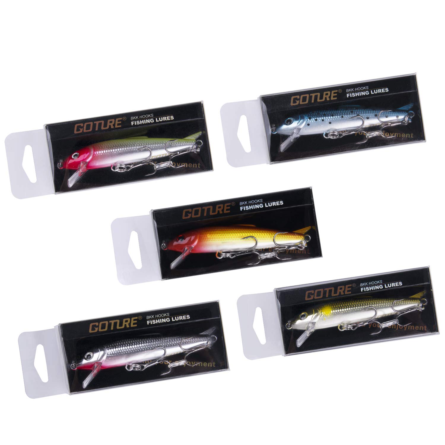 Goture Minnow Fishing Lures Hard Topwater Baits With 2 Sharp Treble Hooks For Bass Trout - Pack of 5