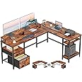 Furologee 66" L Shaped Computer Desk with Shelves, Reversible Corner Gaming Desk with File Drawer and Dual Monitor Stand, Large Home Office Desk Writing Study Table Workstation, Rustic Brown