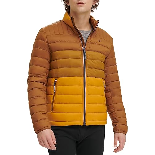 Tommy Hilfiger Men's Ultra Loft Lightweight Packable Puffer Jacket (Standard and Big & Tall), Orange Color Block, Large