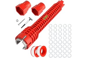 LeeLoon 8-in-1 Faucet & Sink Installer Wrench - Red, Plastic, Ratchet, Plumbing Tool - Includes 2 Replaceable Heads (34mm & 40mm), 40 Washer Gaskets, 2 Thread Seal Tape - Plumbing Wrench