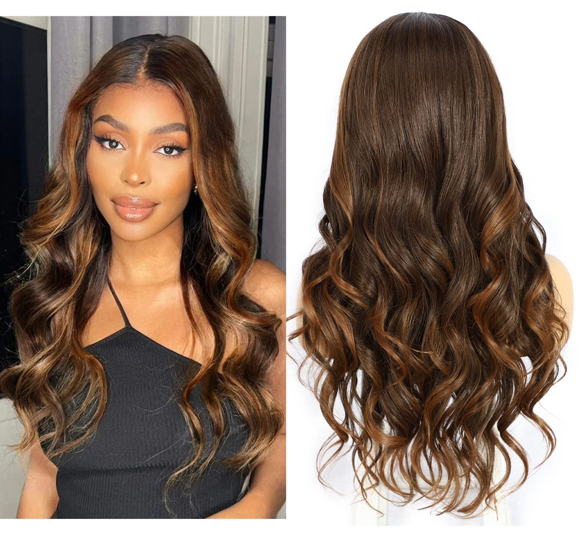 Sapphirewigs Brown Wig Lace Front Wig Highlight Synthetic Wavy Brown Lace Front Hair Balayage Party Date Daily Wear Natural Looking Hair 26inch — image 1