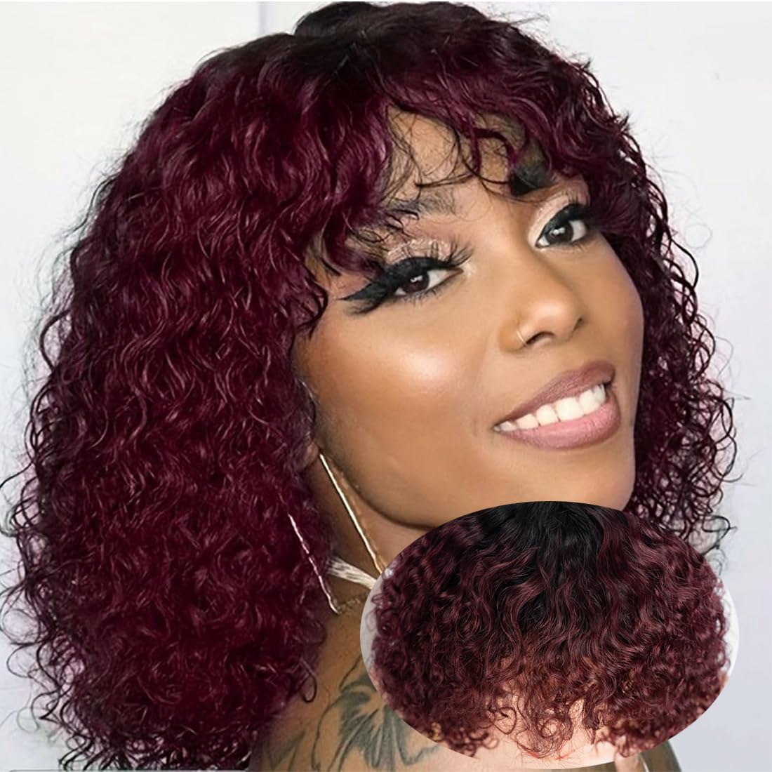 14inch Short Curly Wigs with Bangs Human Hair for Black Women Human Hair Afro Natural Curly Wig Brazilian Virgin Curly Wig 180% Density None Lace Front Bob Wigs TT1B/99J