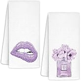 AQYIP Purple Towels for Bathroom Kitchen Decor, Funky Trendy Modern Perfume and Glitter Lips Decorative Hand Towels for Girls Bathrooms Dorm, Trendy Girly Bathroom Decor, 16x24 Inch Set of 2