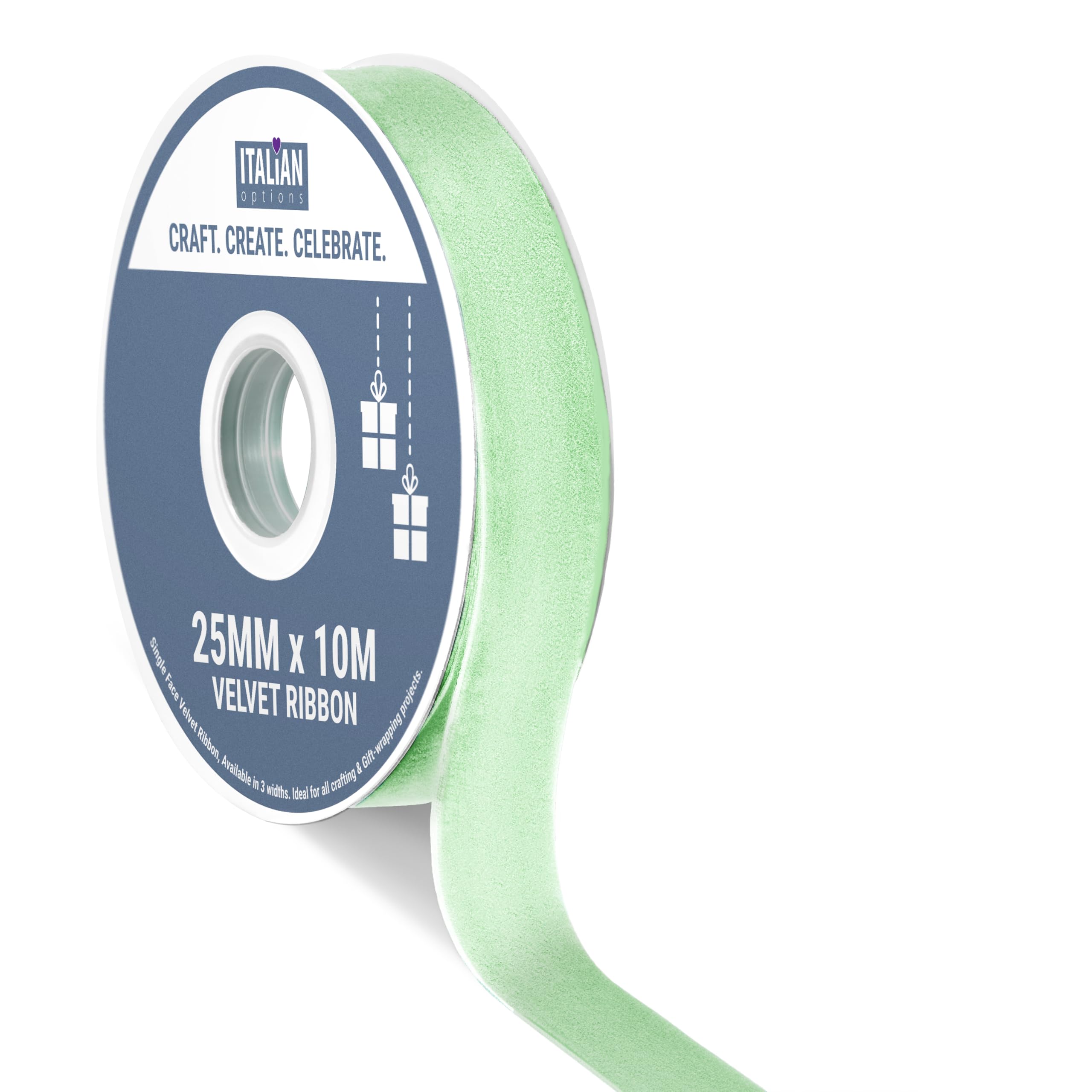 Italian Options Velvet Ribbon, Luxury, Single-Face Velvet Ribbon for Crafting, Christmas, Bows, Hair, Cakes, Weddings, Ornaments, Gift Wrapping, Flowers, 25mm x 10 Metre Roll, Sage Green