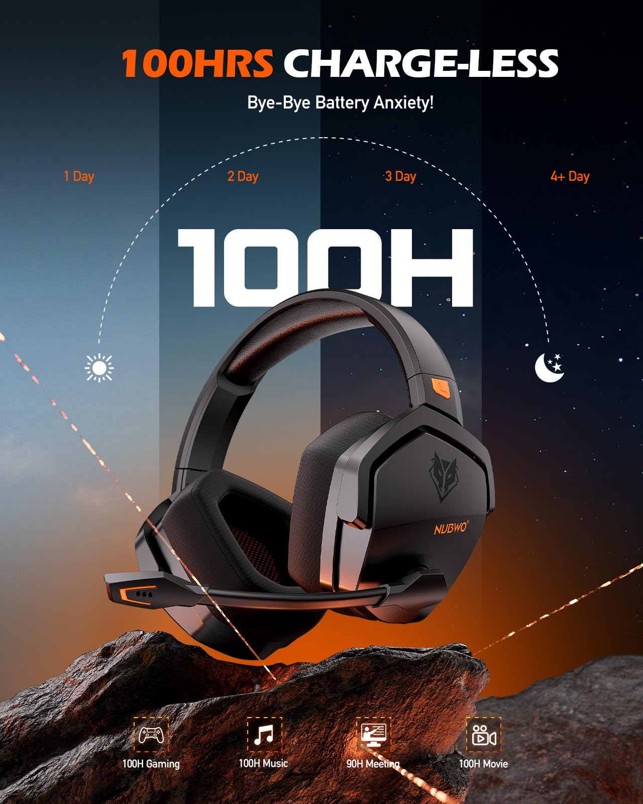 NUBWO G06 Dual Wireless Gaming Headset mit Mikrofon für PS5, PS4, PC, Mobile: 2.4 GHz Wireless + Bluetooth - 100 Stunden - 50mm -Treiber - Orange 4