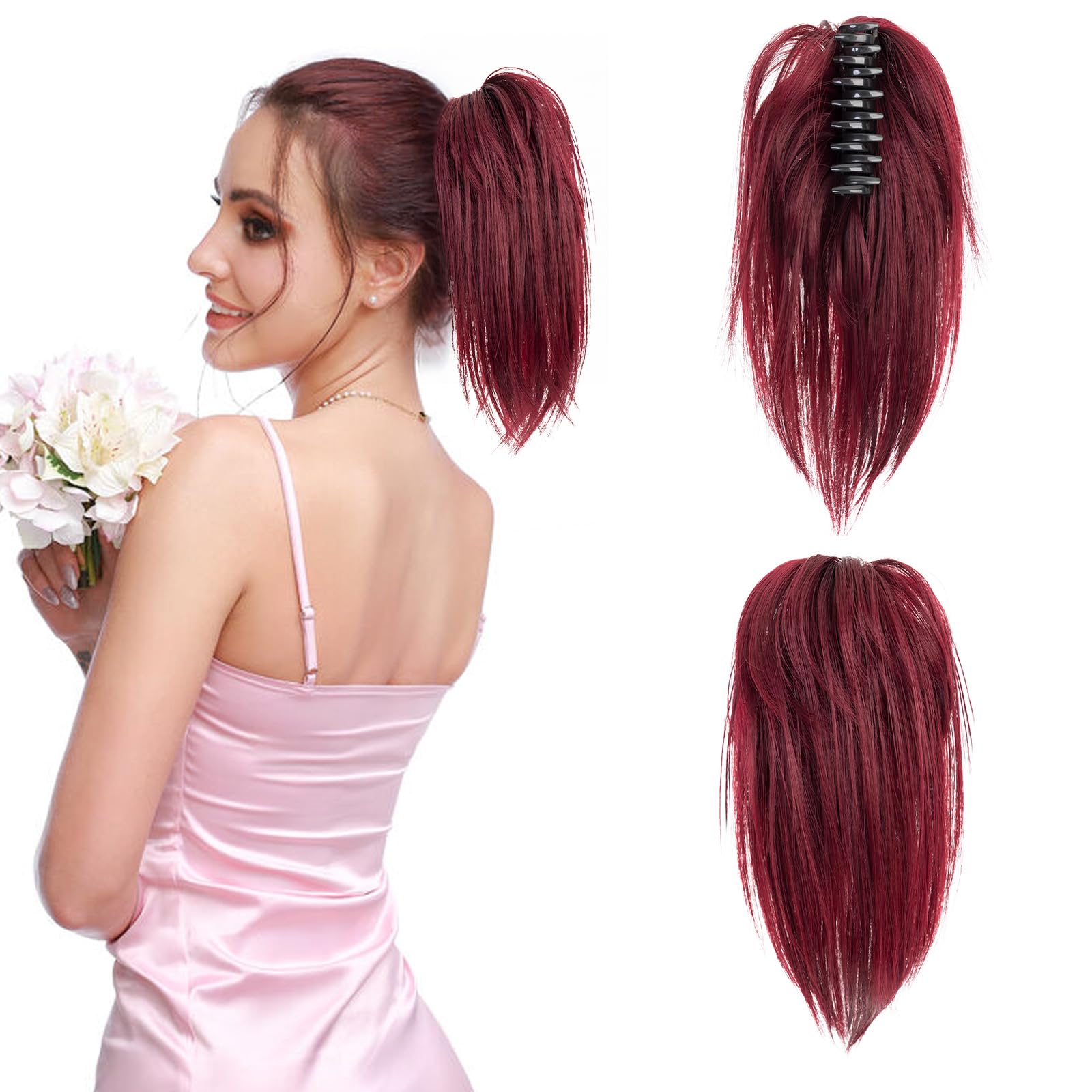 Benehair Claw Clip Messy Hair Bun Extension - Synthetic Straight Ponytail Piece in Wine Red for Women (60g)