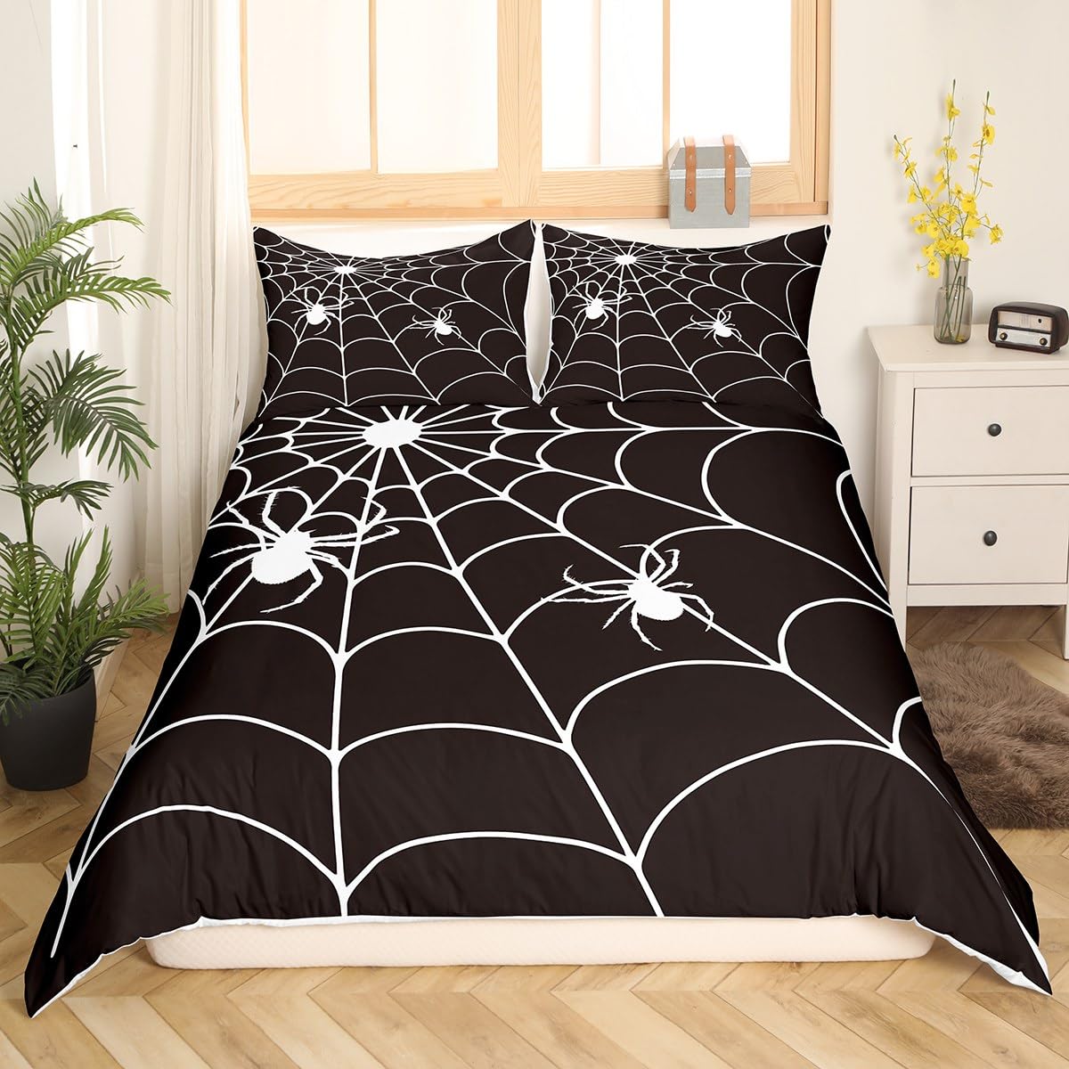 Halloween Bedding Set Kids Spider Web Comforter Cover Set for Boys Teens Halloween Decor Duvet Cover Black Web Bedspread Cover Room Decor Quilt Cover Single