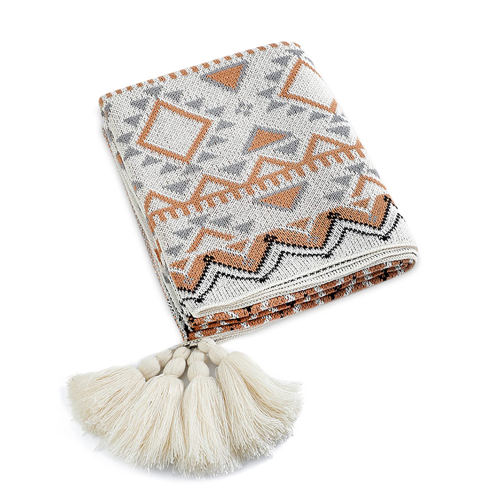 LumiSyne Knitted Throw Blanket Vintage Tassel Bohemian Ethnic Style Geometric Pattern Cozy Armchair Cover Warm Throws For Sofa Couch Bed Shawl Blanket 130x110cm