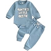 Gaono Aunties Little Bestie Baby Clothes Newborn Boy Fall Winter Outfit Waffle Knit Long Sleeve Romper And Pants Set