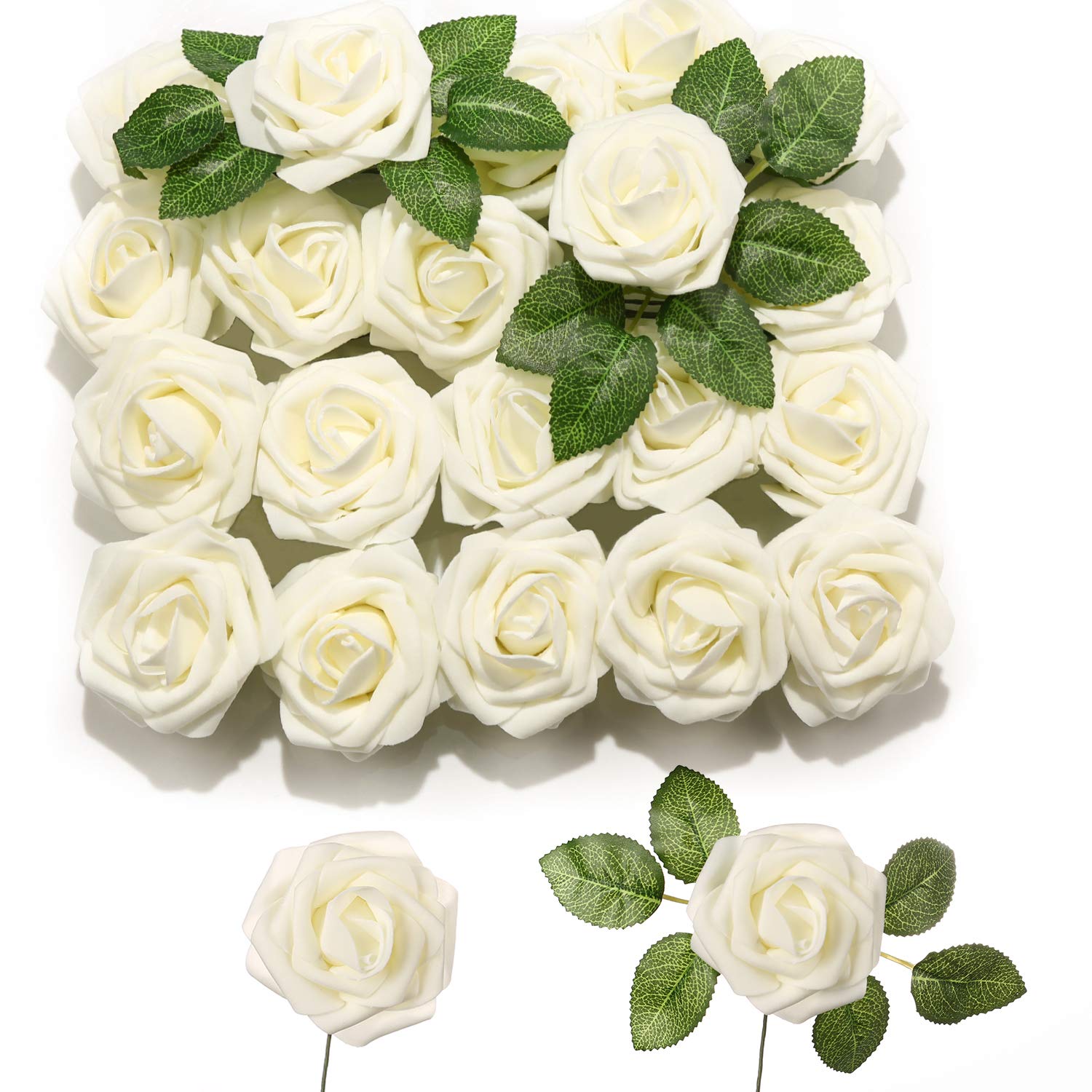 PartyWoo Artificial Flowers, 20 pcs Artificial Roses with Stems, Fake Flowers, Foam Flowers, Ivory White Roses Artificial Flowers, Valentines Day Decor, Valentines Day Decorations