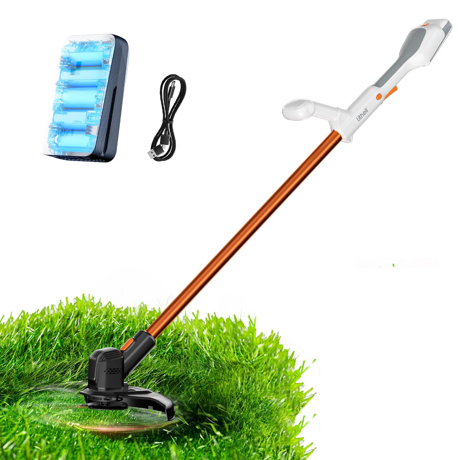 Litheli Akku Rasentrimmer 20V, 25cm, Rasentrimmer mit Akku und Leistungsstarkem Motor, 10000mAH Mobiler Batterien, Geeignet für Gartenrasen und Außenschnitt, Rasentrimmer
