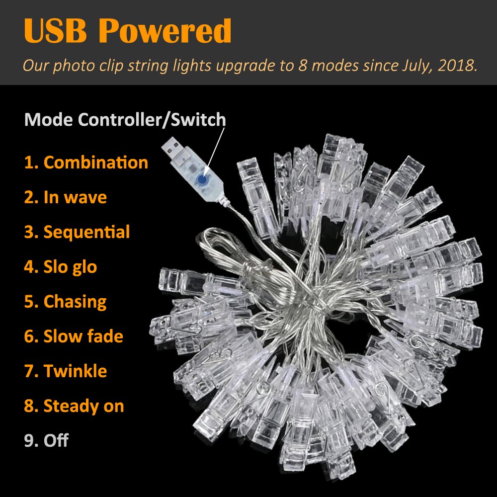 LED Photo Clip String Light – 40 Clear Clips, 13 ft, Warm White, for Fairy Indoor Home Décor Bedroom College Dorm Halloween Christmas Birthday Wedding Party– for Hanging Pictures Cards (USB Powered)