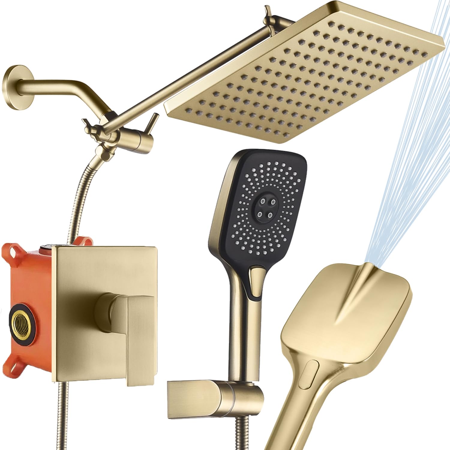 Photo 1 of SUNZOE Shower Faucet Set Brushed Gold Rough-in Anti-Scald Pressure Balanced Valve Body Modern Luxury Wall Mounted 10 Inch Rain Mixer Shower System (Brushed Gold)