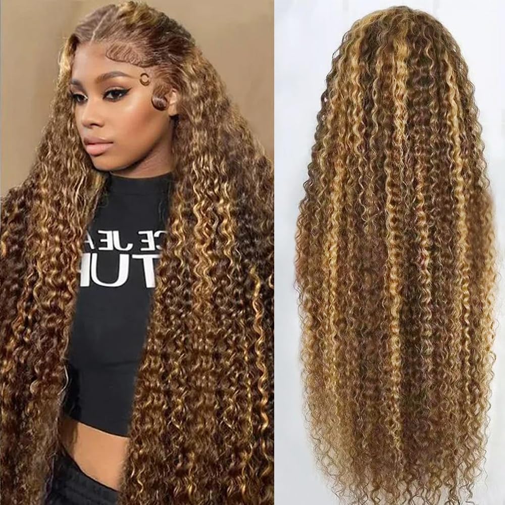 Photo 1 of Tylokra 30inch Highlight Ombre Lace Front Wig Human Hair 13x6 HD Honey Blonde 4/27 Deep Wave Lace Frontal Wigs Glueless Wigs Human Hair