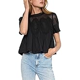 Women's Babydoll Tops Short Sleeve Lace Detail Blouses Flared Pleated Swing Sheer Mesh Shirts