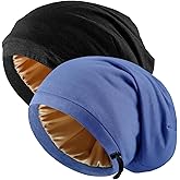 NICPOO 2 Pcs Adjustable Silk Hair Bonnet for Sleeping, Satin Lined Sleep Cap for Women and Men, Silk Hair Wrap Slouch Beanie.