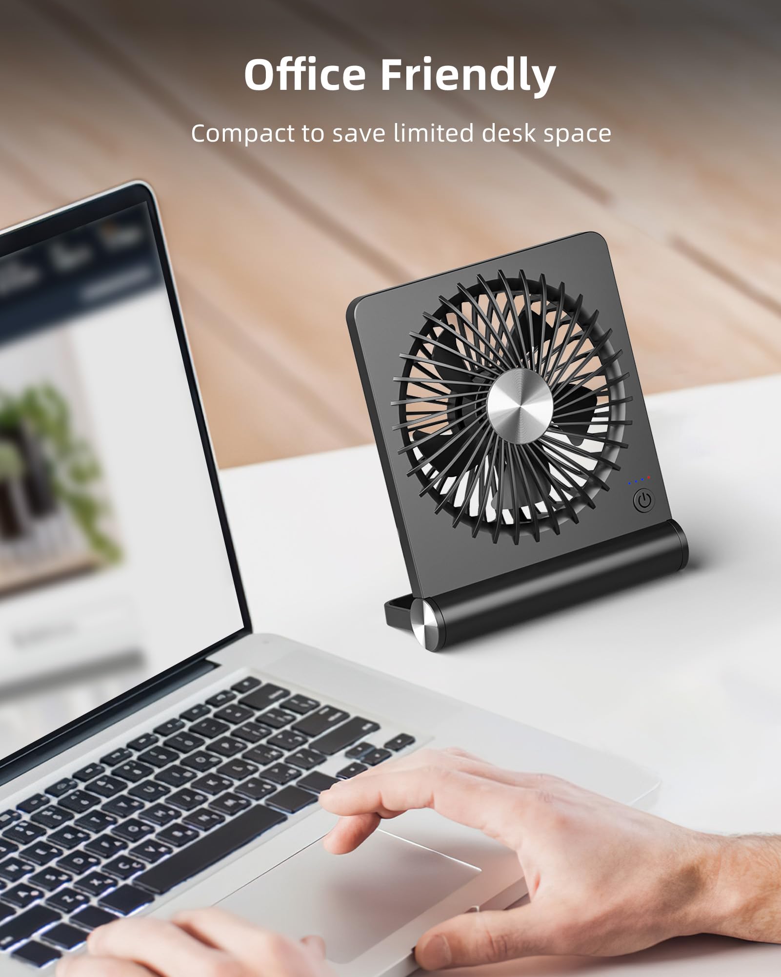 Koonie Portable Desk Fan, 3.5-20hrs Battery Operated Small USB Fan with Ultra Quiet 220° Tilt Folding, Rechargeable Personal Fan with 3 Speeds Strong Wind for Home Office Desktop, Black
