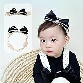 Rannyrena Bow Lace Headbands for Baby Girls Soft Tulle Ribbon Pearl Head Wrap Elastic Bow-knot Hair Band Shower Birthday Hair Accessory for Newborn Infant Toddler (Black B, Elastic)