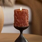 Luminara - Flameless Flickering Real Wax Moving Flame Battery Operated Unscented Candle LED D&eacute;cor &amp; Gift- Embossed Pillar Collection - Fall &amp; Autumn Leaves, Caramel Cafe (3.5" x 4.5")