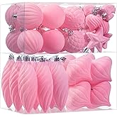 48Pcs Pink Velvet Christmas Ornaments Set, Assorted Flocked Christmas Baubles Decorations, Shatterproof Christmas Balls Hanging Decor for Xmas Tree/Home/Party/Holiday (Pink)