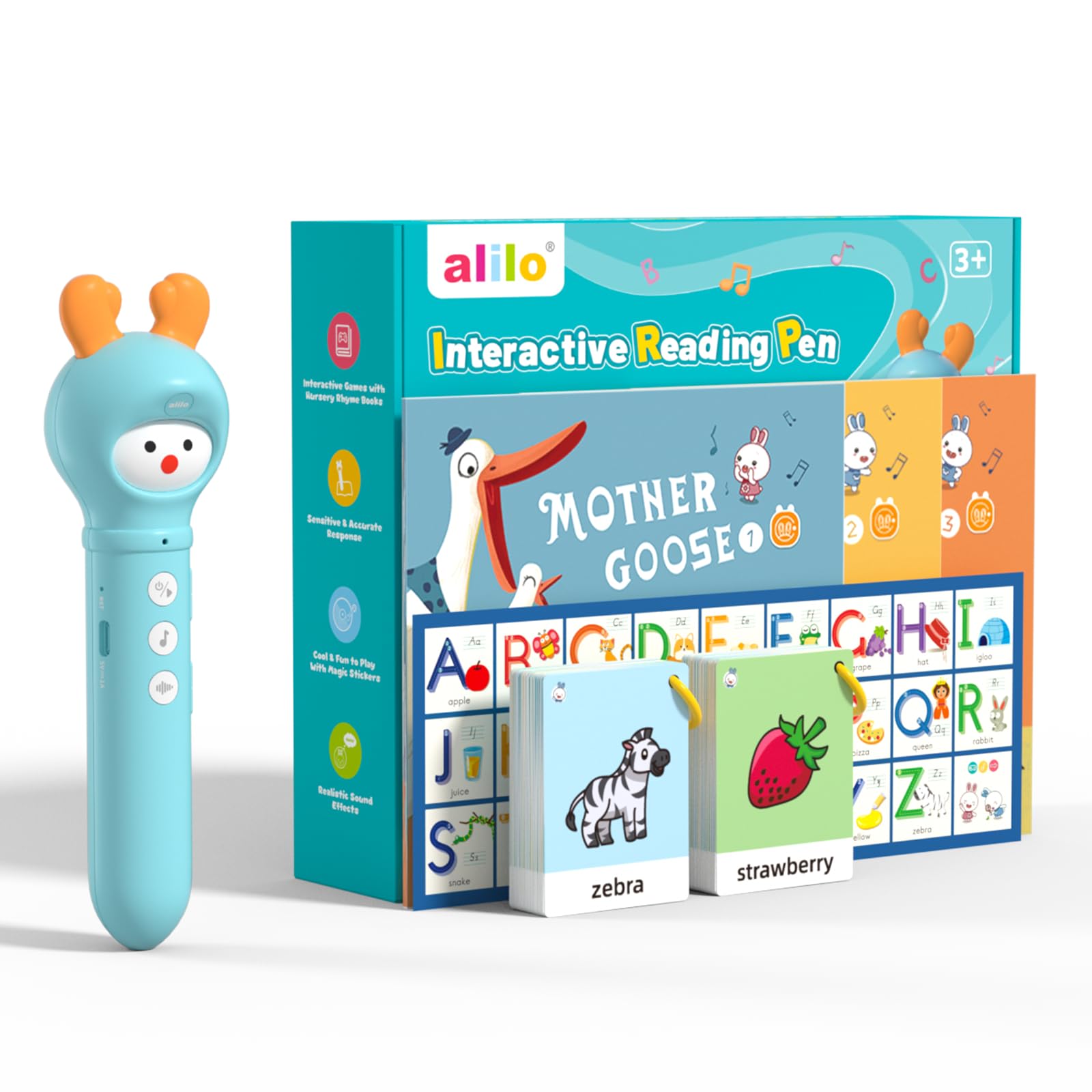alilo Learning Educational Toys for Toddlers 3-4-5-6, Interactive Reading Pen Set for Kids, with 3 Learn to Read Book, 100 Talking Flash Cards, 540 Recording Stickers, Music Card