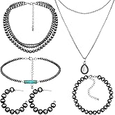 Kigeli 5 Pcs Pearl Jewelry Set Necklace Earring and Bracelets Vintage Multilayer Pearl Necklace Western Style Choker Silver Drop Pendant for Women Accessories