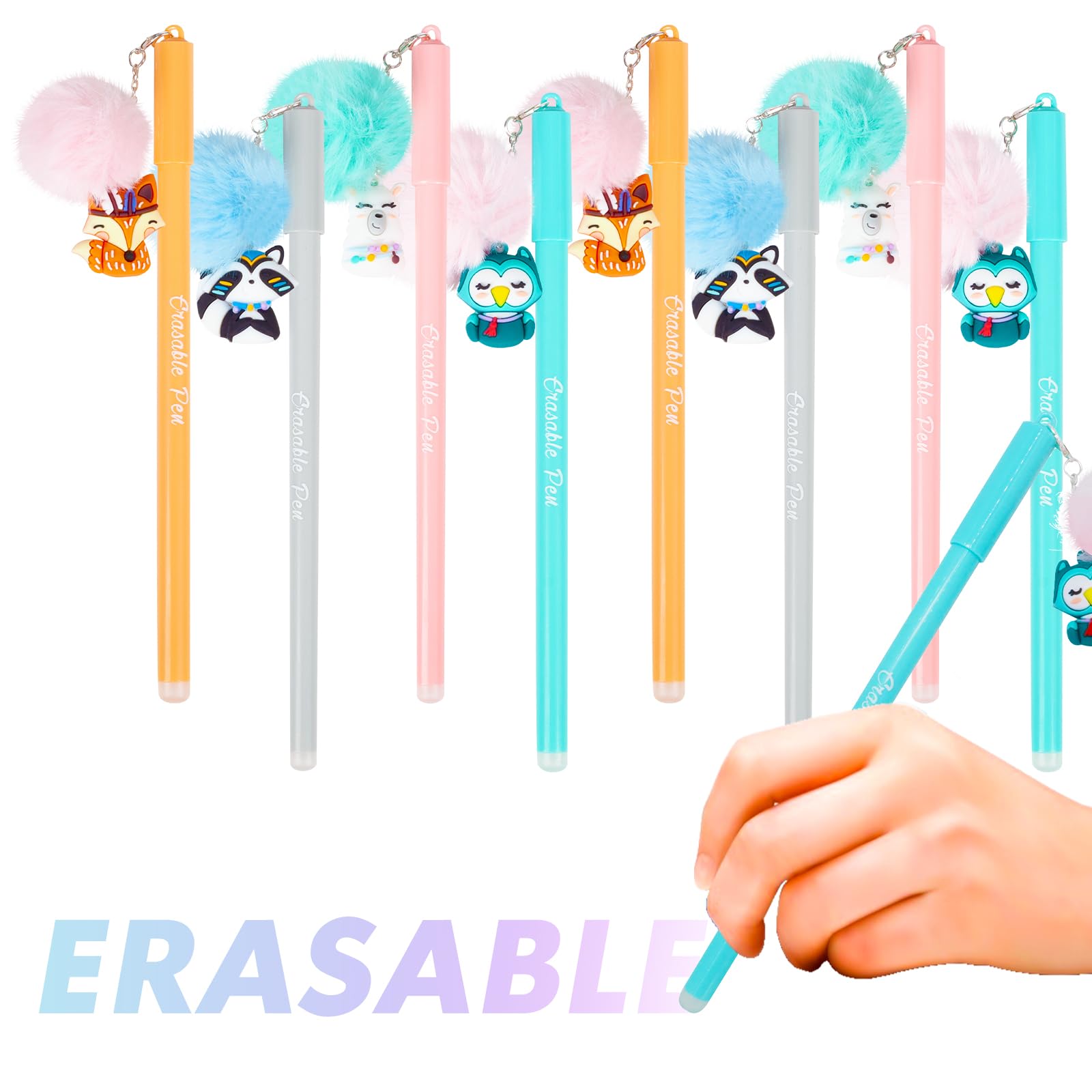 YOYTOO Erasable Gel Pens, 8pcs Retractable Cartoon Erasable Pens Clicker Fine Point 0.5mm, Make Mistakes Disappear, Blue Ink for Journaling Drawing Writing Planner (8 Pack Animal)