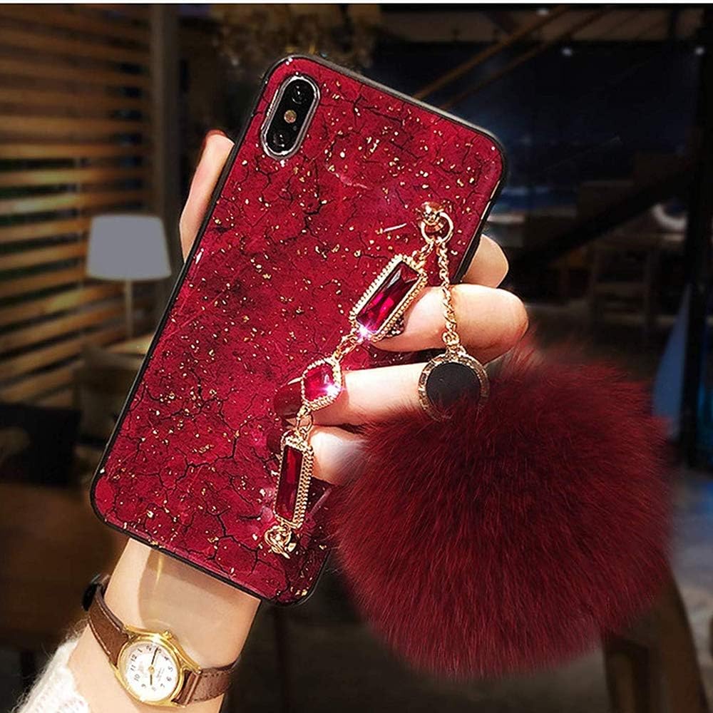 Galaxy S10 Bracelet Fur Ball Case, Luxury Stylish DIY Handmade Fluffy Fuzzy Pompom Plush Hairball Diamond Rhinestone Hand Chain Strap Holder Hard PC Phone Case for Samsung S10