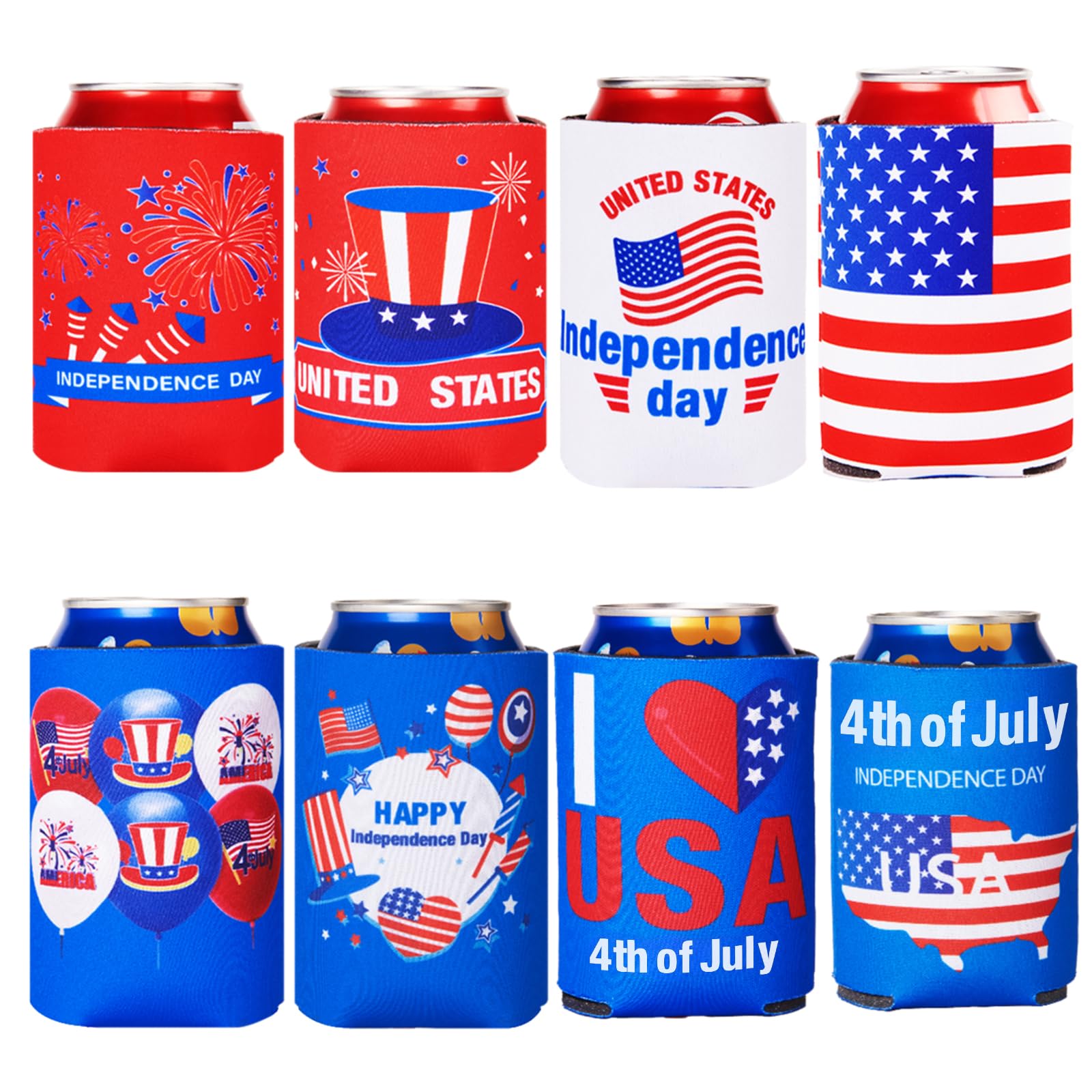 Photo 1 of 4th of July Decorations Red White Blue Decorations 8 PCs Can Cooler Sleeves for Independence Day Accessories, Collapsible Insulation Cover for Patriotic Party Supplies Memorial Day Decorations