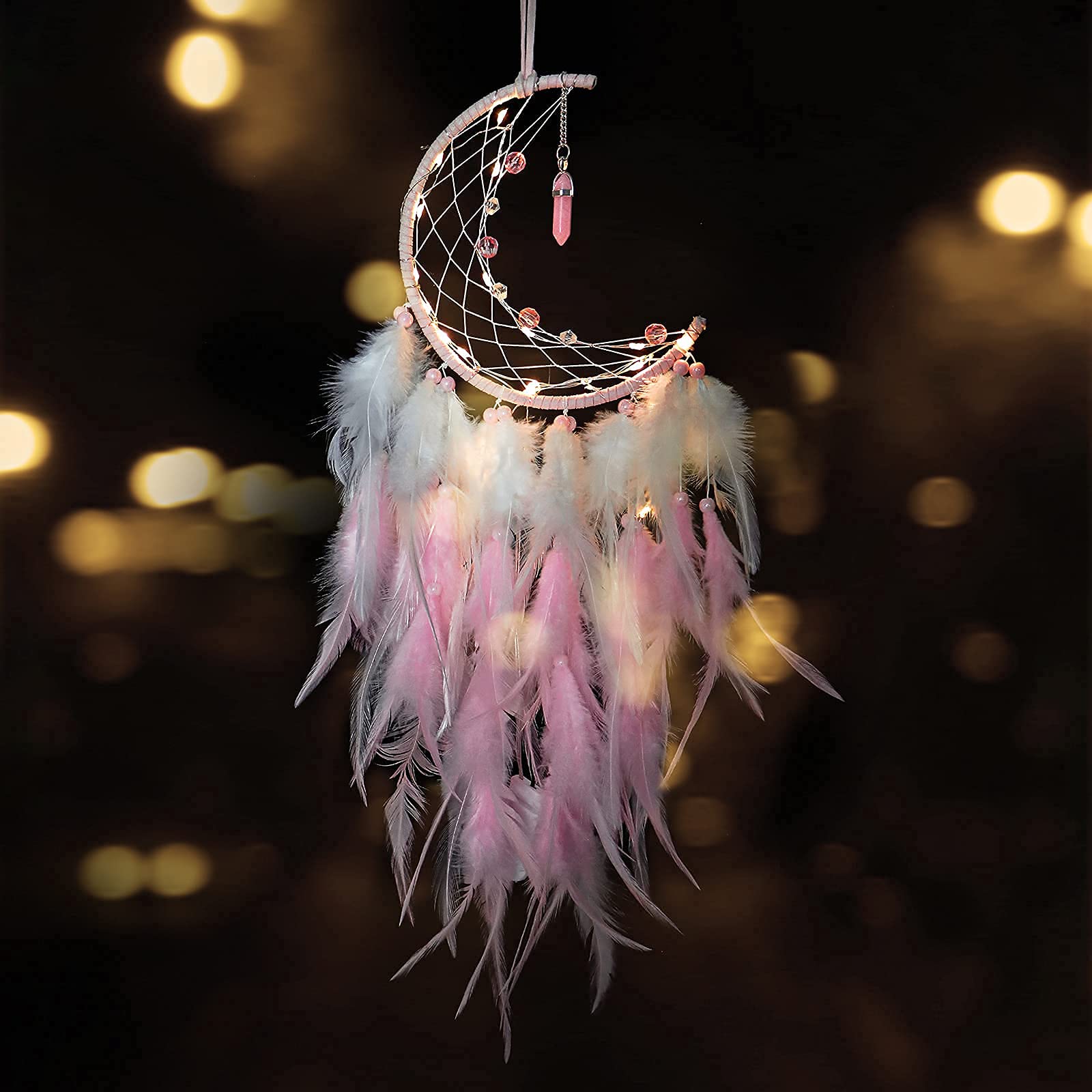 Dremisland Moon Dream Catcher with Fairy Lights Indian Dreamcatcher Kids Bedroom Accessories Pink White Feather Lucky Turquoise Pendant Wall Hanging Decoration for Home Bedroom