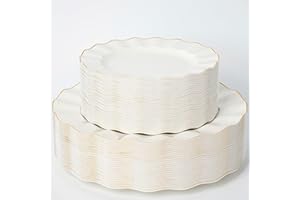 FABULOUS PARTY HIGH END 100 Pcs Ivory Wave Plastic Plates with Gold Trim, Fancy Disposable Plate Sets Include 50 Dinner & 50 Dessert Plastic Plates, Elegant Disposable Plate Set For Party, Thanksgiving (50 Guests)