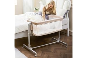 ONTHEWEI Baby Bassinet Bedside Sleeper 3-in-1, Easy Night Feeding with One-Side Fold & Rolling Wheels, Breathable Mesh, 6-Height Adjustable, Soft Mattress for Newborns