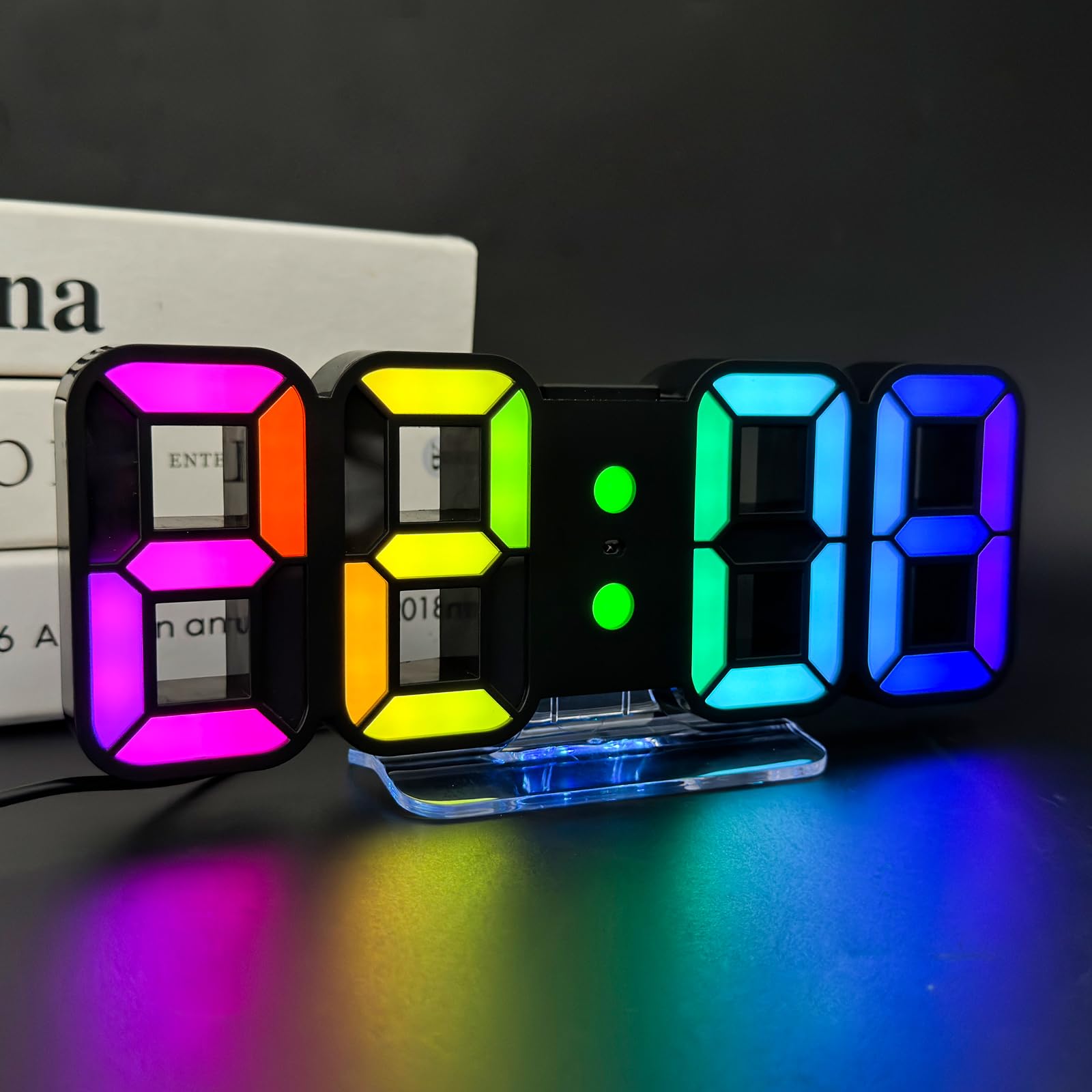 Seutgjie Digital Alarm Clock LED Display, 3D Digital Desk/Wall Clock RGB 14 Colors Snooze 12/24H 3 Adjustable Brightness Night Mode Double Alarm with Remote Control Black for Bedrooms Gaming Room