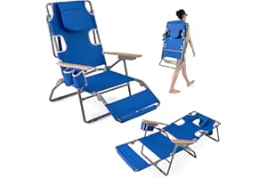 GYMAX Tanning Chairs, 3 in 1 Backpack Beach Lounger with Face/Arm Holes, Armrests, Cup Holders, 330 lbs Folding Portable Lounge Chairs for Outside, Patio, Poolside, Lawn (1,Navy)