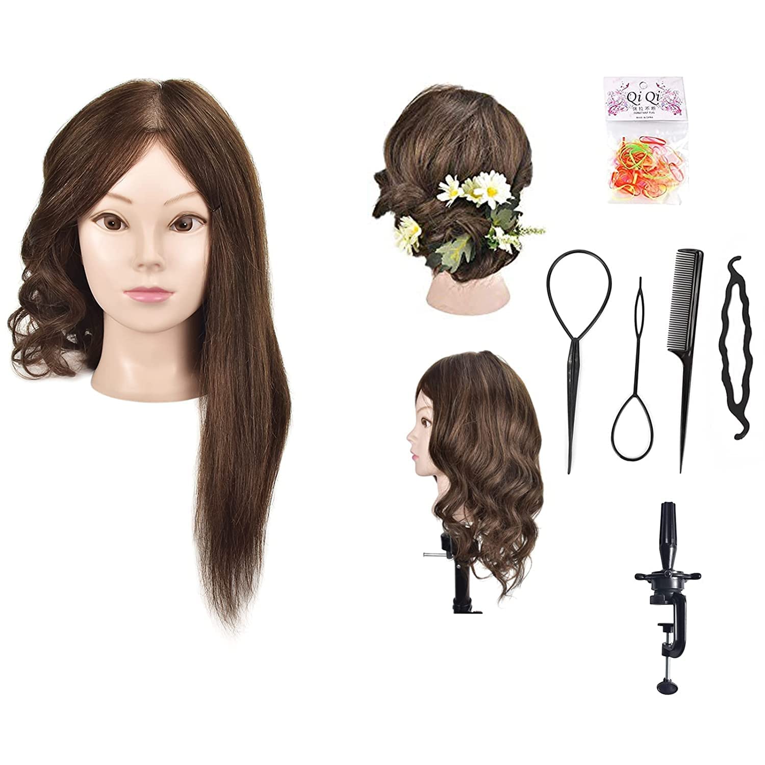 18" Training Head 100% Human Hair Mannequin Head Manikin Doll Head Hair Styling Head with Free Clamp
