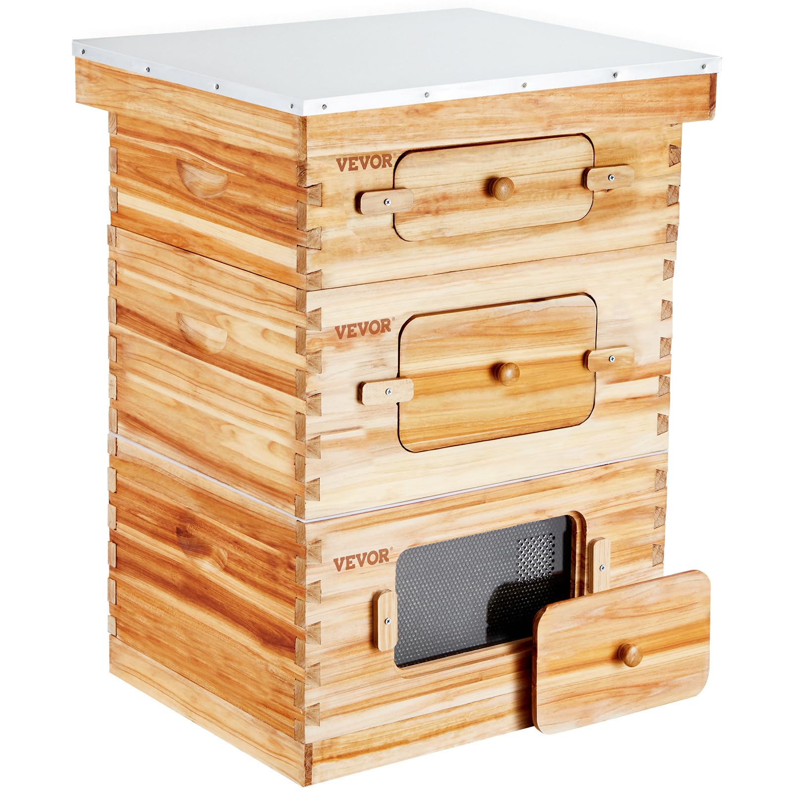 Photo 1 of VEVOR Bee Hive 10 Frame Bee Hives Starter Kit, Beeswax Coated Fir Wood, 2 Deep + 1 Medium Bee Boxes Langstroth Beehive Kit, Transparent Acrylic Windows with Foundations for Beginners Pro Beekeepers