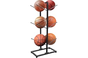 svteli 6-Ball Metal Ball Storage Rack, Basketball Holder for Indoor & Outdoor Use, 3 Layer Basketball Organizer, Double Side Metal Ball Rack Display Stand for Basketball, Football, Volleyball Storage