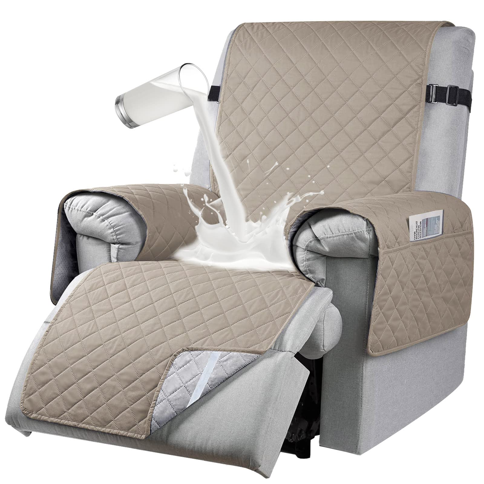 RAPRAP Recliner Sofa Cover with 6 Side Pockets, Waterproof 1 Seats Chair Adjustable Tightening Straps, slipcover for Armchairs, Non-slip Protect Pets, Khaki (RAPRAP05)