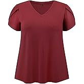 VIBOHCILLE Plus Size Summer Tops for Women Tulip Sleeve V Neck T Shirts Solid Basic Casual Blouses