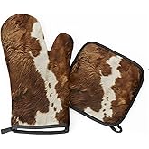 TULIMET Cow Print Vintage Brown Oven Mitts and Pot Holders Sets, 2 Pcs Cow Decorative Kitchen Oven Glove for Cooking