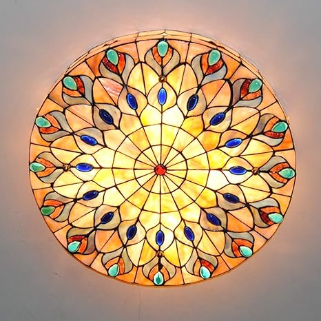 Saffbei Tiffany Ceiling Fixture Lamp Semi Flush Mount 18 Inch Stained Glass Shade For Dinner Room Pendant Hanging 4 Light