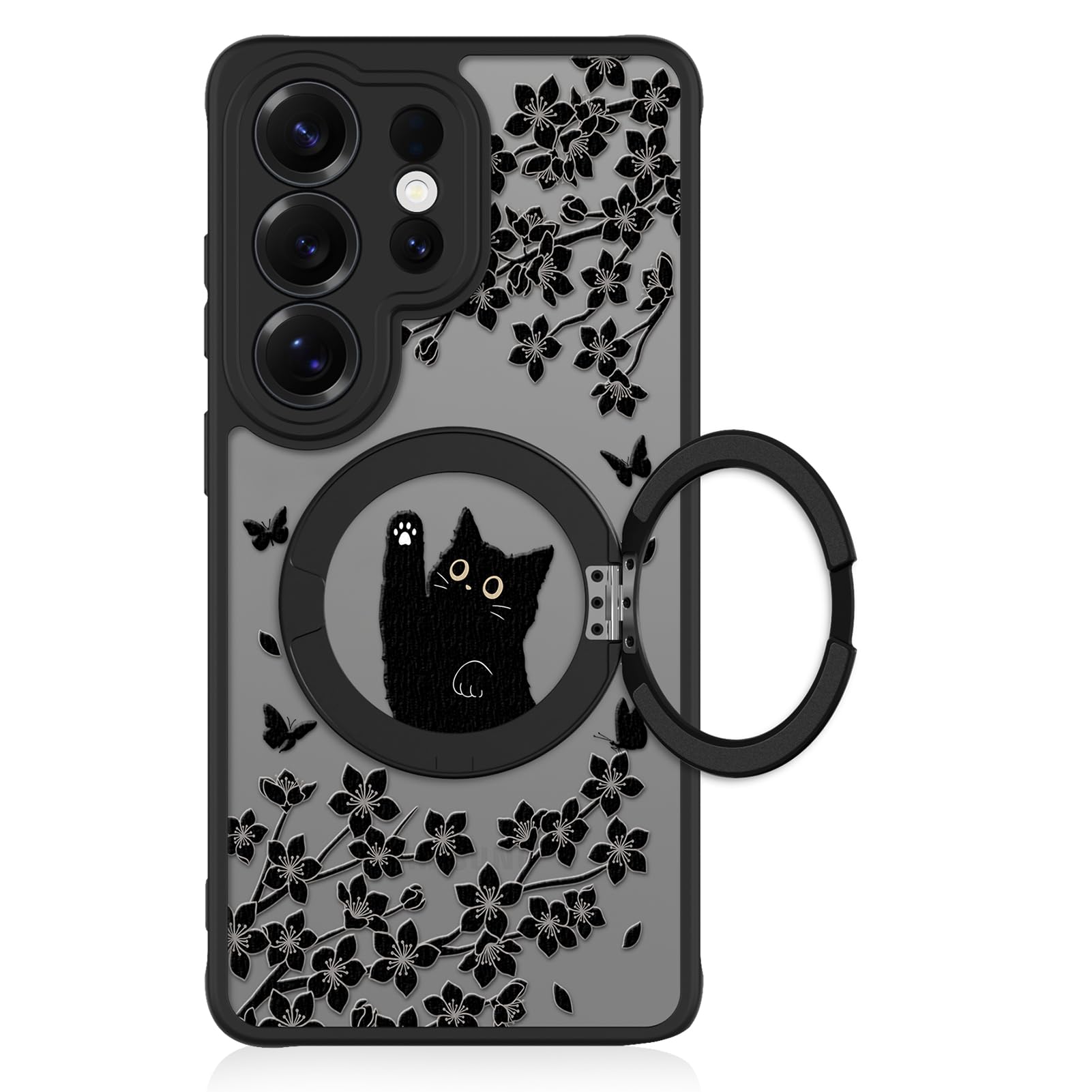 Heaofei Cute Case for Samsung Galaxy S26 Ultra Case with Stand [ Compatible with MagSafe ] Kawaii Black Cat & Floral & Butterflies Pattern 360 Magnetic Ring Kickstand Phone Cover for Women Girls Boys