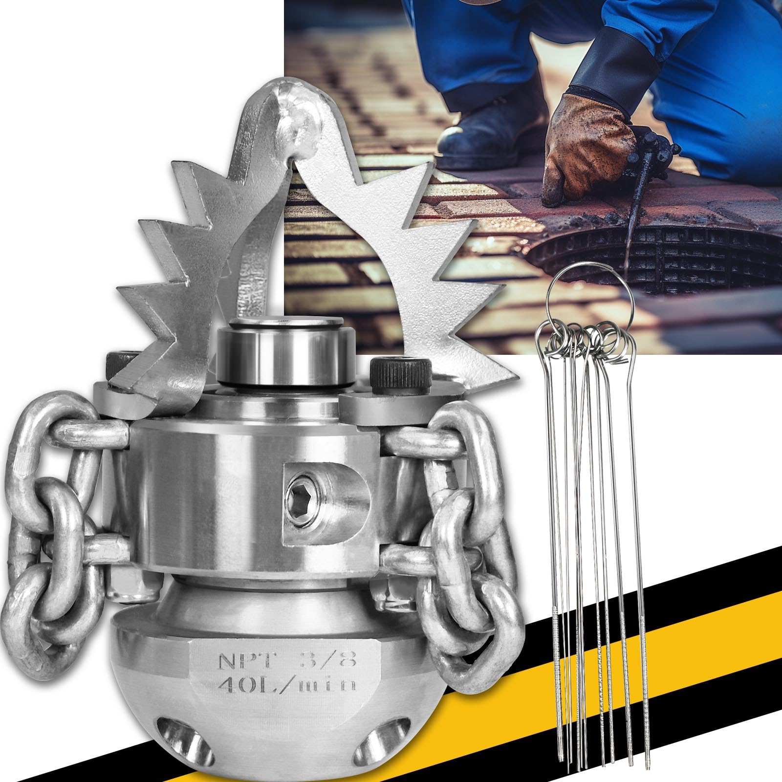 Photo 1 of 3/8 NPT, 40 L/min Sewer Jetter Rotating Nozzle - Sharp Tips With Link Chains - Stainless Steel for Removing Roots - for 40 L/min Pressure Washer Cleaning, Drain Pipe Cleaning
