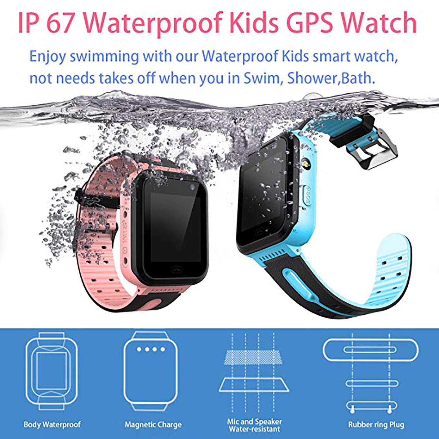 Waterproof Smart Watch Phone for Kids - IP67 Waterproof Watches with SOS Voice Chat Camera Flashlight Alarm Clock Digital Wrist Watch Smartwatch for ...