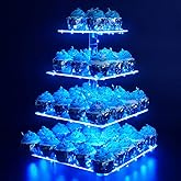 YestBuy 4 Tier Acrylic Cupcake Stand Afternoon Tea Cake Stand Large Cupcake Stand Cupcake Tower Cupcake Holder for Pastry + LED Light String Ideal for Weddings Birthday Bar Party Décor (Blue Light)