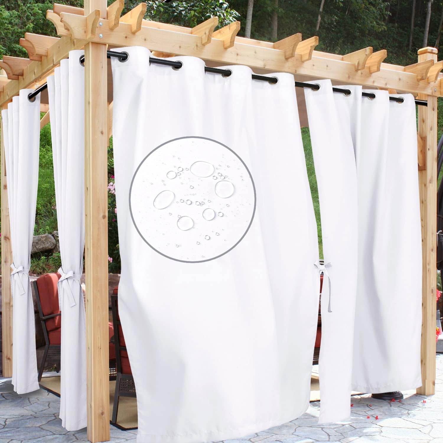 Outdoor Curtains - Hiasan White Outdoor Curtains for Patio Waterproof, 54 x 96 inch - Privacy Grommet Outside Curtains for Gazebo/Porch/Pergola/Cabana, Single Panel and Sewn with 2 Tiebacks